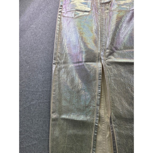 Zara Silver Metallic Holographic Denim Maxi Skirt with Belt Ecru Womens XS 24 - Picture 4 of 14